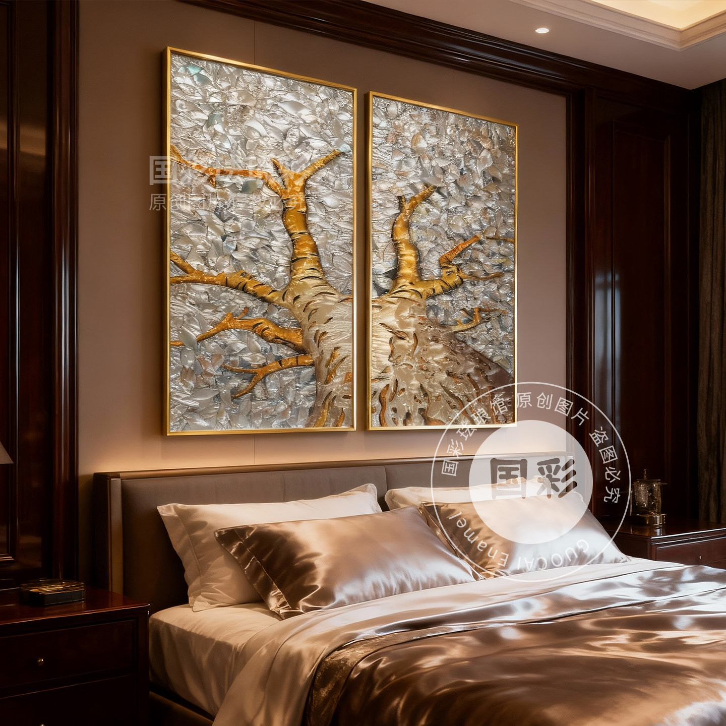 纯手绘珐琅彩装饰画树客厅玄关卧室书房挂画二联复古艺术画,淘宝优惠券,粉丝福利购,淘宝优惠卷