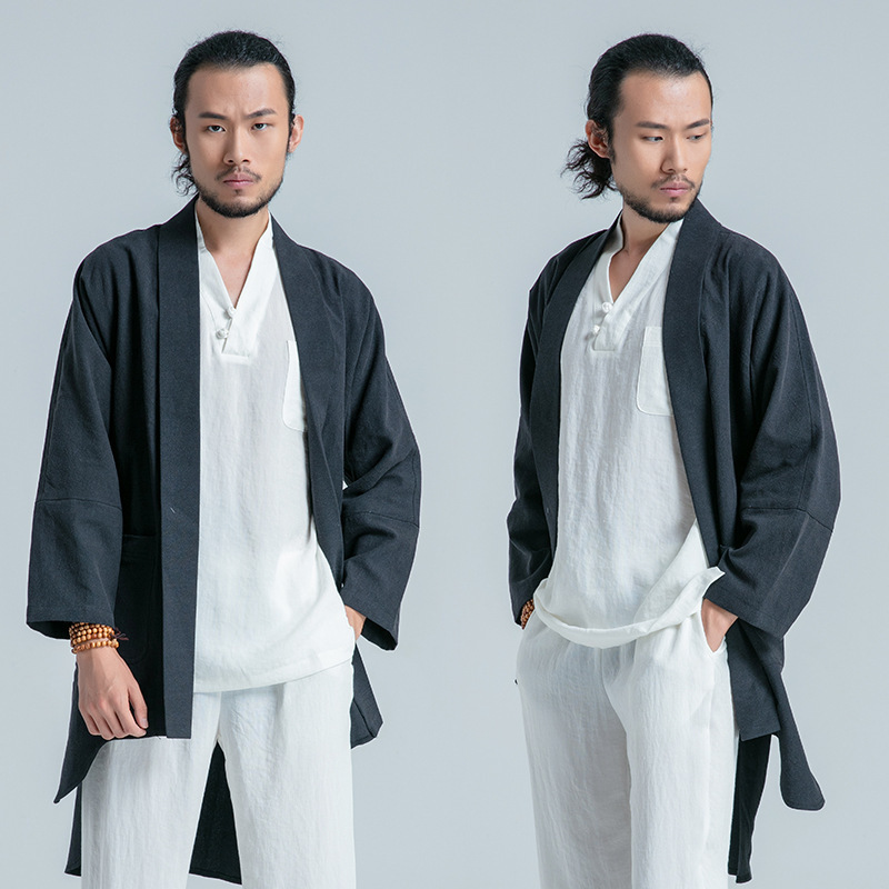 新品 春秋亚麻休闲武术练功晨练太极服外套绛红色长袖男运动套装 - 图0