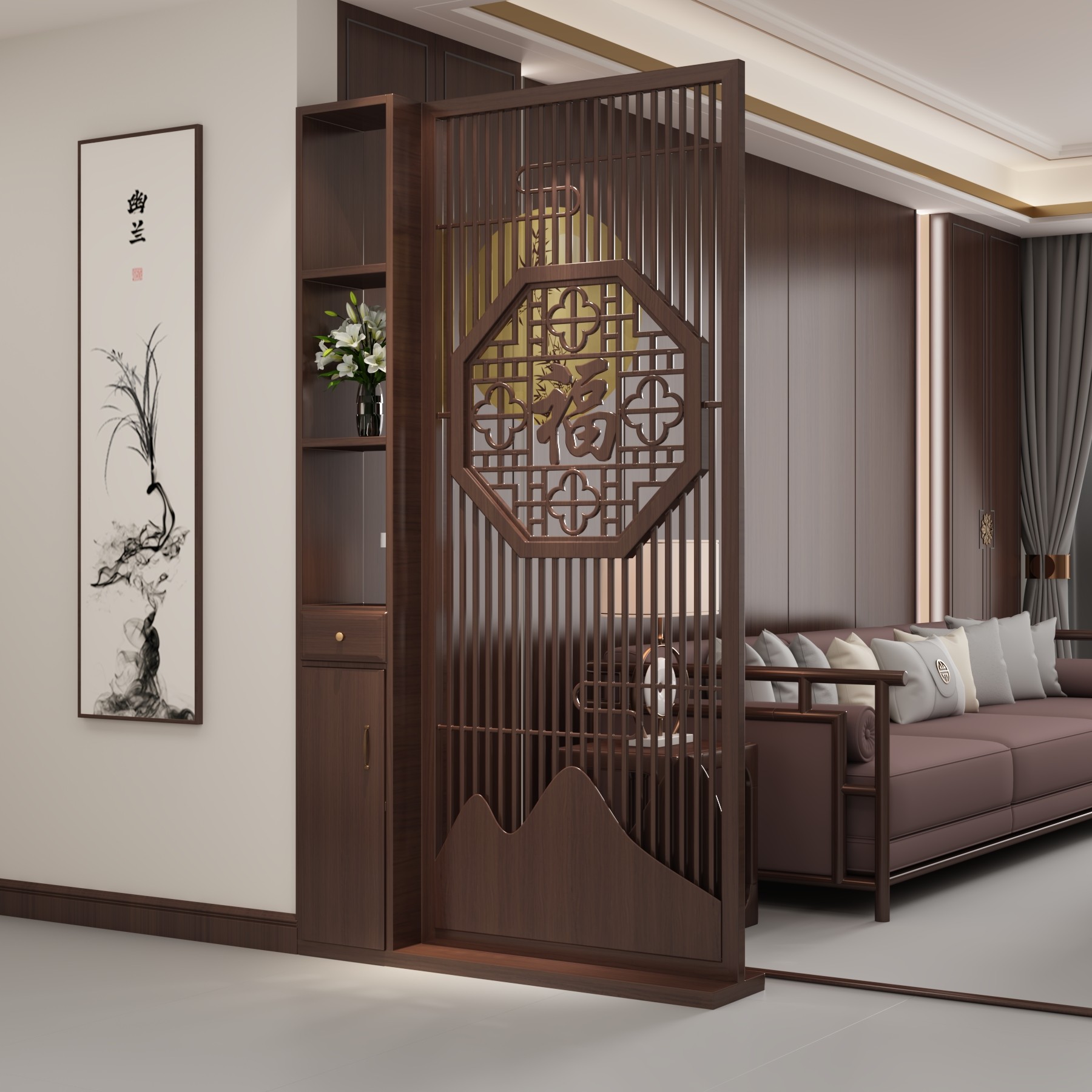 实木屏风新中式玄关假山客厅入户沙发遮挡现代简约置物架隔断福字,淘宝优惠券,粉丝福利购,淘宝优惠卷