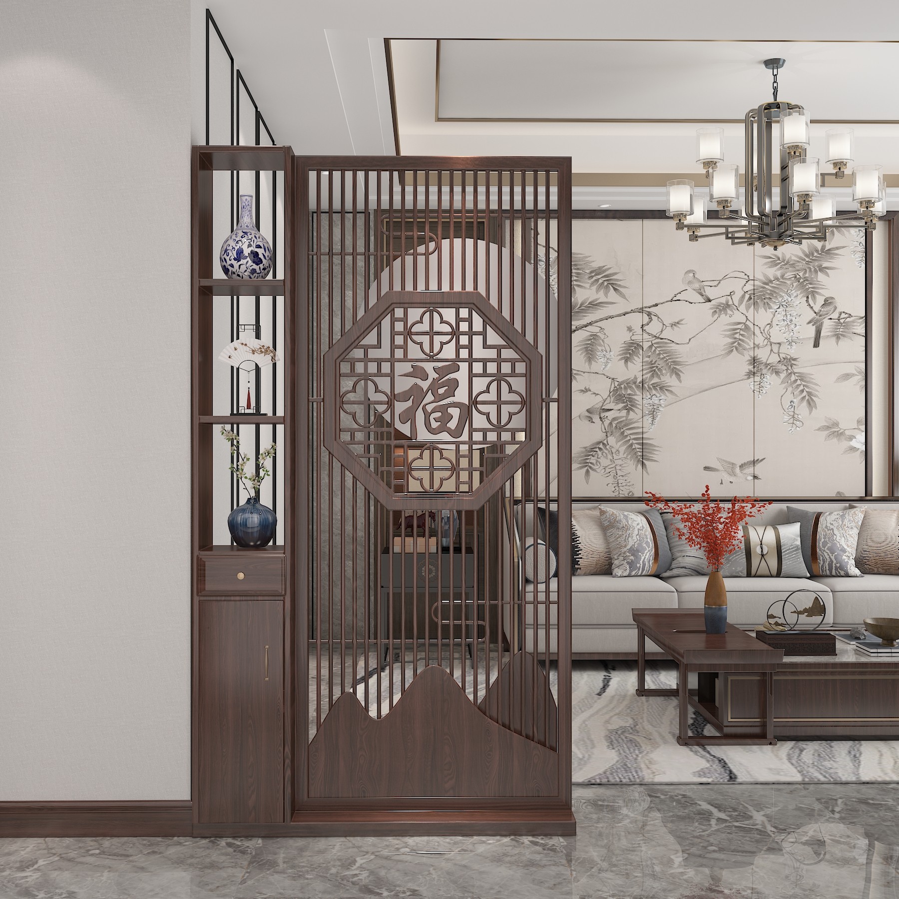 实木屏风新中式玄关假山客厅入户沙发遮挡现代简约置物架隔断福字,淘宝优惠券,粉丝福利购,淘宝优惠卷