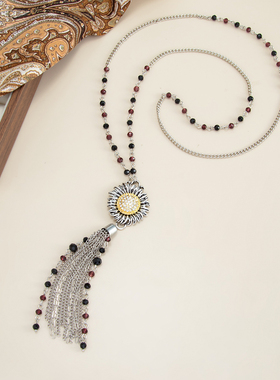 新款太阳花水晶密链流苏长款项链