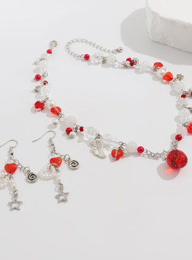 甜酷辣妹爱心红水晶宝石吊坠项链