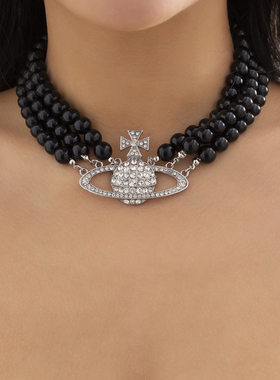 镶钻星球宽版珍珠项链女欧美个性轻奢choker水钻高级感吊坠锁骨链