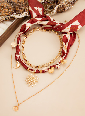 3件套朋克复古铜包铁链太阳项链