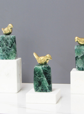 绿水晶石黄铜鸟高级感摆件