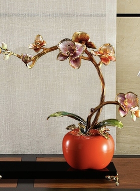 珐琅彩柿柿如意柿子摆件事事如意蝴蝶兰花玄关柜乔迁新居装饰摆件