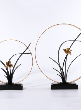 新中式创意金属兰花摆件样板间售楼处客厅玄关酒店软装饰品摆件