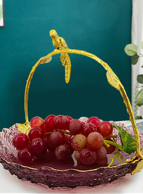 喜鹊眉梢琉璃手提果盘提篮欧式轻奢家居水果篮果盘收纳装饰品摆件
