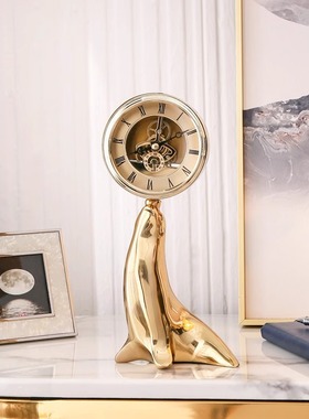 现代高档海豹座钟小象钟表家居客厅酒柜时钟办公室台钟装饰品摆件