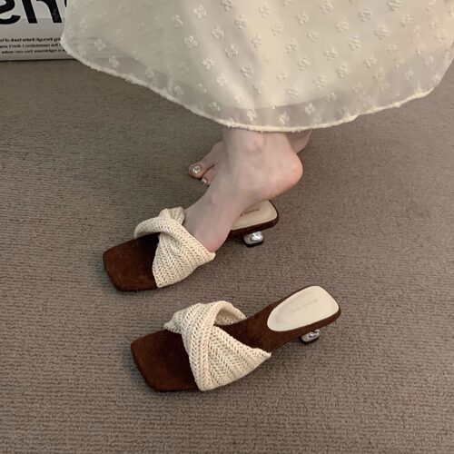 小众复古方头编织法式高跟拖鞋仙女鞋度假夏季新款配裙子凉拖凉鞋 - 图2