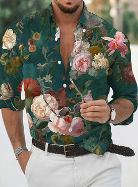 Men's long sleeved floral lapel shirt for men男碎花翻领衬衣