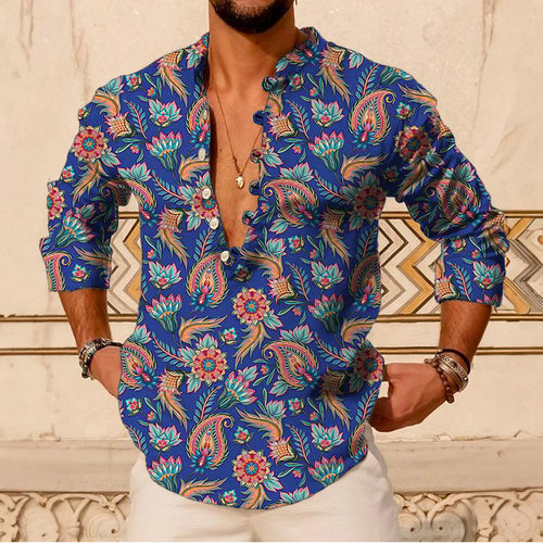 Stand up collar long sleeved printed top立领系扣长袖印花上衣 - 图2