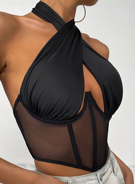 Mesh lace up women's neck wrap chest top网纱系带挂脖裹胸上衣