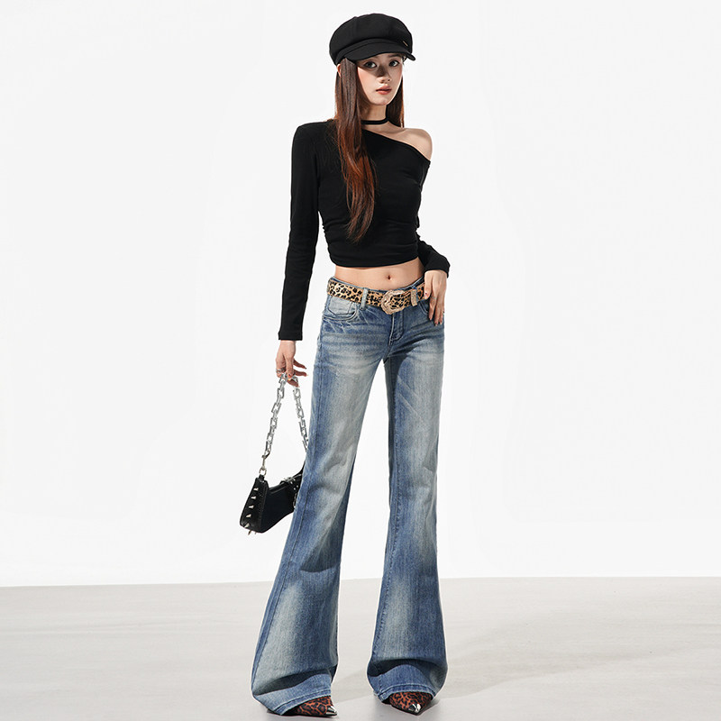 美式复古低腰微喇牛仔裤女春季水洗修身显瘦弹力休闲喇叭拖地长裤,淘宝优惠券,粉丝福利购,淘宝优惠卷