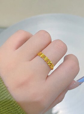 沙金戒指幸运四叶草指环开口可调节女士金戒指高级感指环手饰