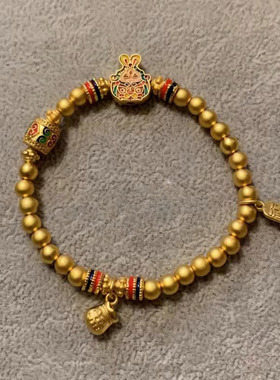 新款金醒狮兔爷古法金色手链珐琅
