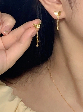 轻奢黄金色蝴蝶流苏耳钉女小众设