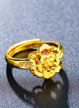 金店同款沙金戒指女款开口 久不掉色仿黄金花朵夸张结婚新娘指环