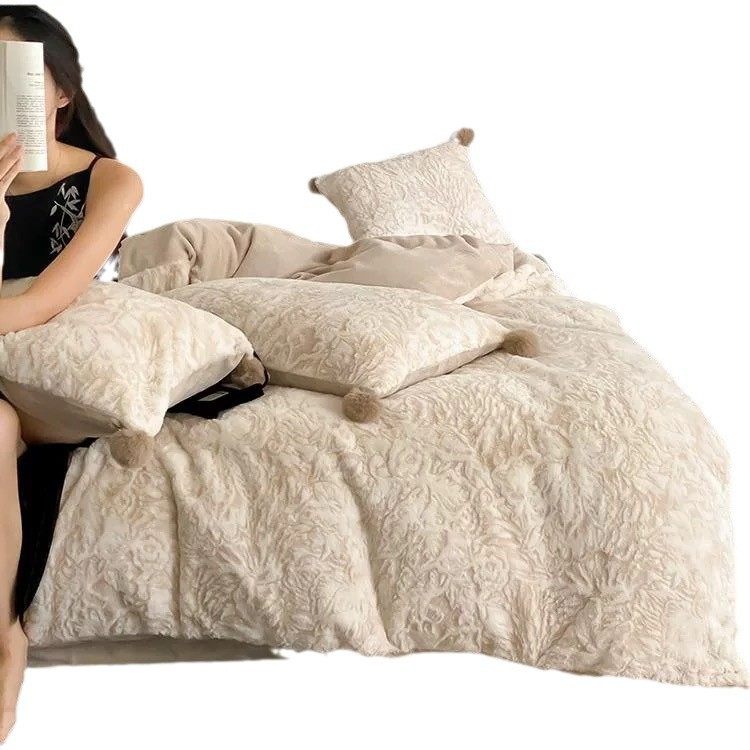 秋冬强推！330g高克重兔毛球雕花绒四件套冬季牛奶绒床单被套床品,淘宝优惠券,粉丝福利购,淘宝优惠卷