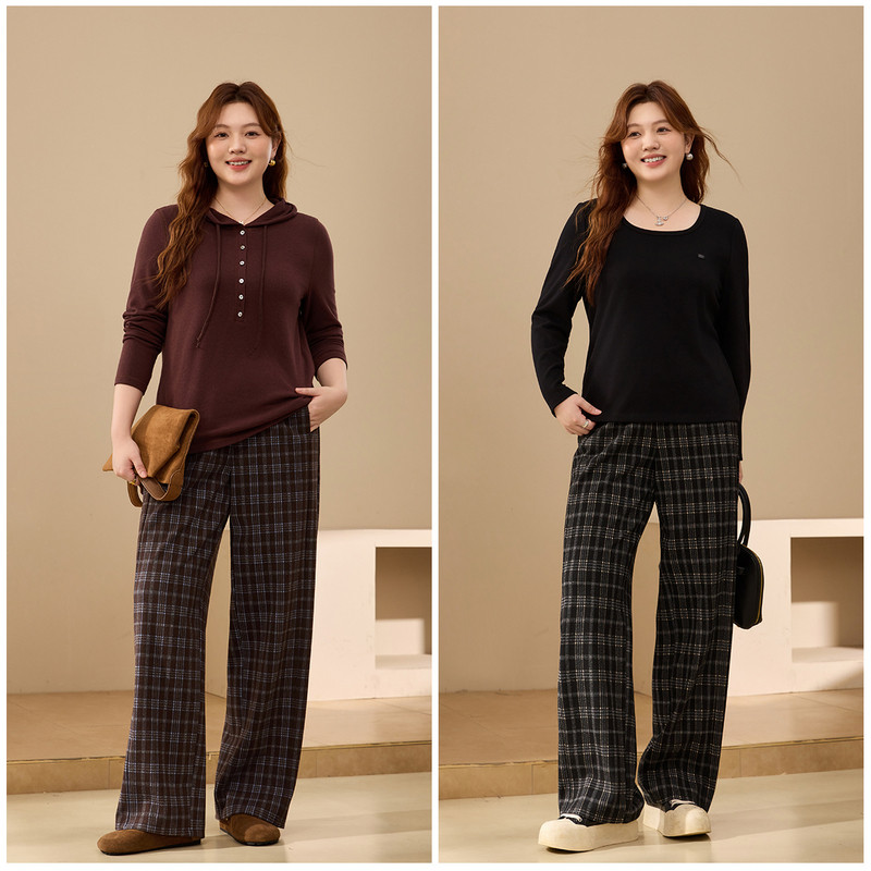 【复古格子裤】纤莉秀大码女装舒适松紧腰百搭裤子胖mm2025冬新款,淘宝优惠券,粉丝福利购,淘宝优惠卷