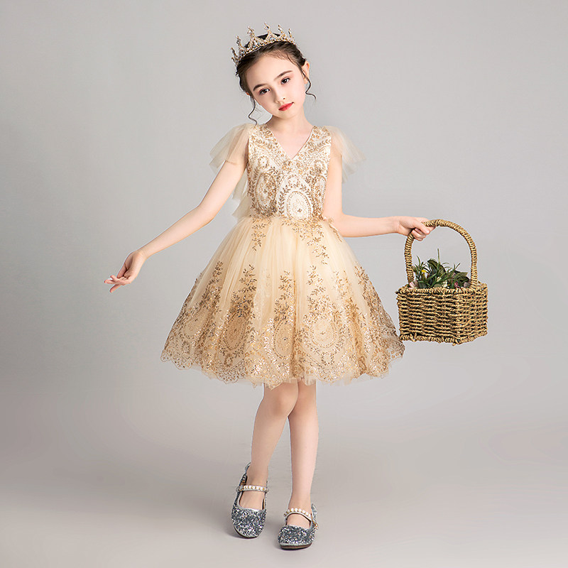 儿童晚礼服公主裙女童生日金色小女孩婚纱舞台钢琴演出服表演夏季,淘宝优惠券,粉丝福利购,淘宝优惠卷