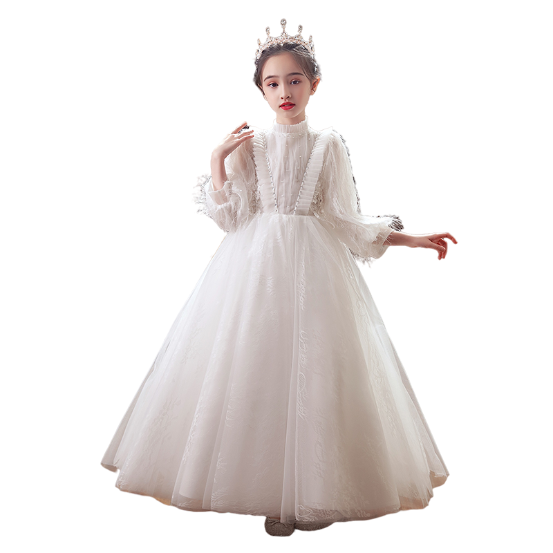 儿童礼服公主裙女童生日白色小花童婚纱主持人钢琴演出服演奏长袖,淘宝优惠券,粉丝福利购,淘宝优惠卷