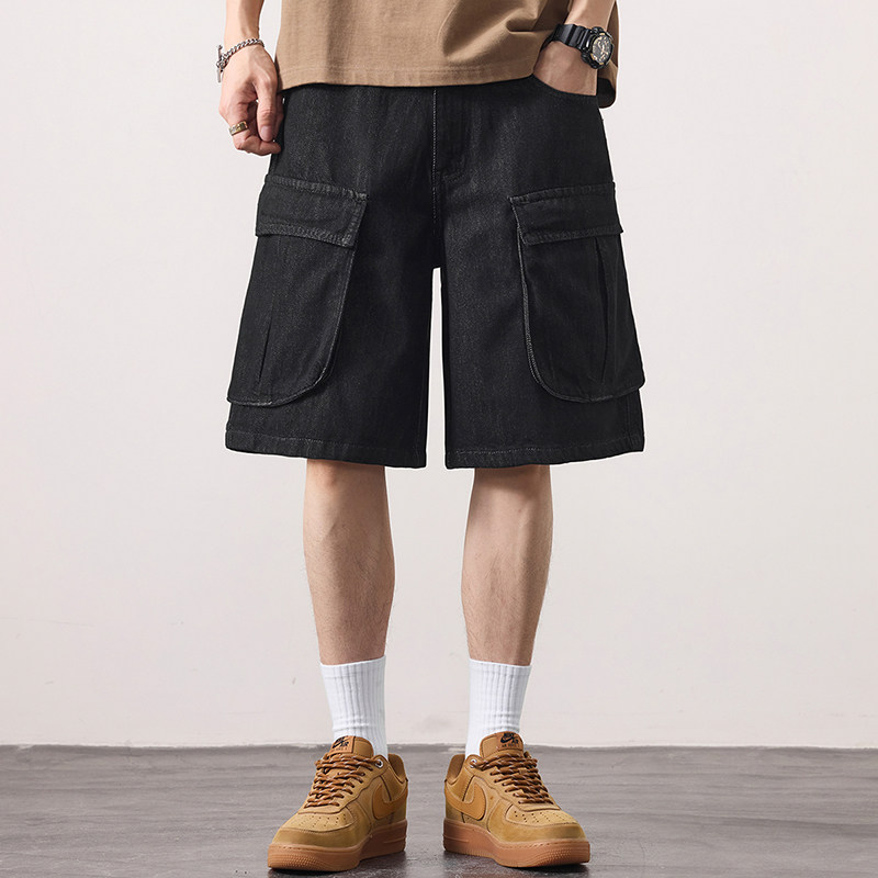 美式复古工装破洞牛仔短裤男莱赛尔天丝阔腿五分裤宽松直筒中裤子,淘宝优惠券,粉丝福利购,淘宝优惠卷