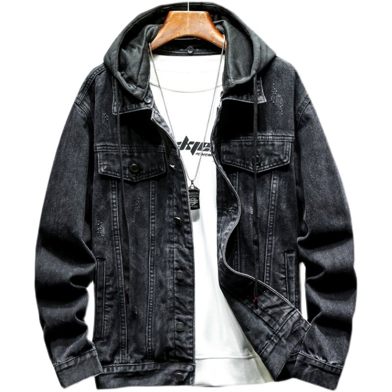 冬季黑色牛仔外套男士连帽夹克加厚棉衣宽松休闲百搭工装上衣流行,淘宝优惠券,粉丝福利购,淘宝优惠卷
