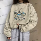 Vintagetang American Retro Ancient Khaki Color делает старый изготовленный с ручьем круглое шею женский топ -три D D