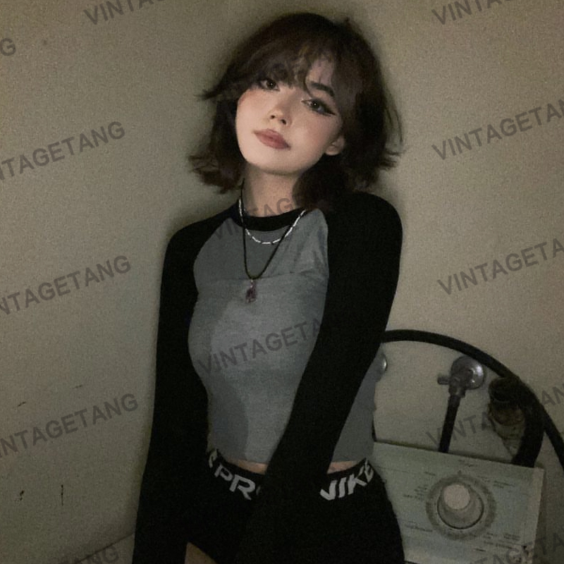 VintageTang美式辣妹短款修身插肩袖bm长袖T恤甜辣jazz上衣婋叁D - 图0