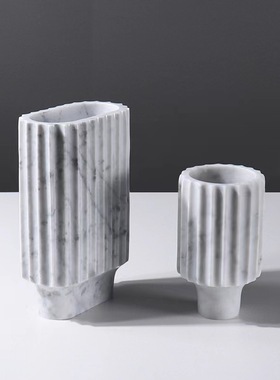 现代轻奢简约天然大理石雕刻创意花器高端样板间花瓶装饰品摆设