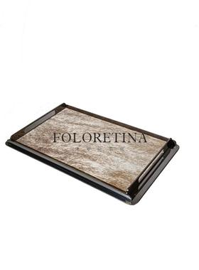 现代简约不锈钢天然马毛创意几何托盘样板间茶几金属皮革收纳盘