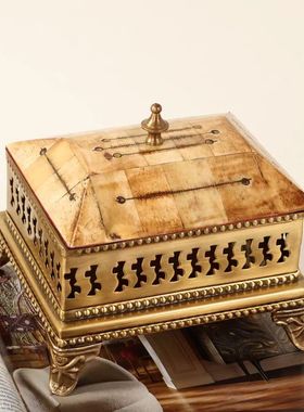 印度进口纯铜牛骨储物盒装饰品摆件复古中古风样板间黄铜收纳盒