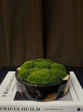 现代轻奢大理石圆形花器苔藓景观样板间售楼处洽谈桌面永生苔藓