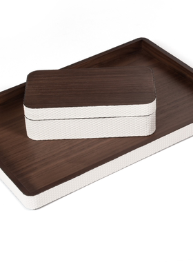 现代轻奢简约意式编制皮革原木首饰盒收纳盒纸巾盒托盘装饰品摆件