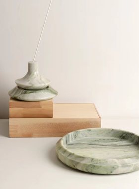 现代极简意式祖母绿黑金花天然大理石原创果盘样板间黄洞石烛台