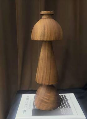 中古风进口胡桃木蘑菇创意雕塑摆件样板间售楼处客厅桌面实木摆设