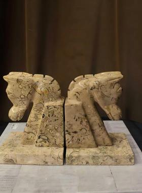 中古风复古风阿富汗天然玉石马头创意书档样板间少众石材动物书立