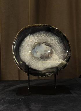 中古风新中式天然玛瑙装饰品摆件样板间高端黄铜矿石组合创意摆设