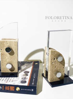 现代轻奢简约天然黄洞石不锈钢烛台样板间书房书档艺术摆件装饰品