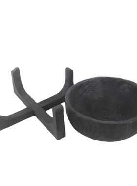 侘寂风复古原生态碳化木果盘苔藓花器摆件样板间新中式花盆装饰品