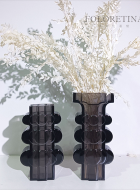 现代轻奢简约不锈钢皮革直筒创意花器样板间透明树脂原创花瓶摆设