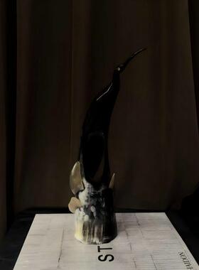 中古风天然牛角手工雕刻仙鹤创意摆件侘寂风样板间牛骨鸟类装饰品