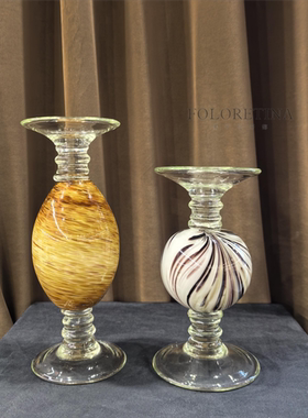 中古风艺术手工玻璃创意烛台摆件样板间客厅茶几桌面复古烛台蜡烛