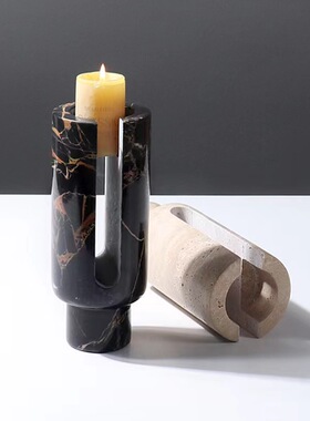 现代轻奢天然大理石异形创意烛台样板间台面石头烛台装饰品摆件