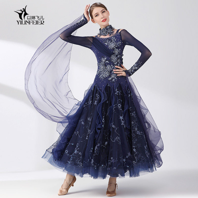 梵高的星空!绣花摩登舞裙S7048国标舞服装连衣裙镶钻华尔兹演出服,淘宝优惠券,粉丝福利购,淘宝优惠卷