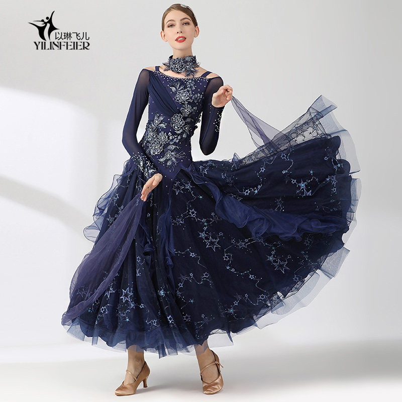 梵高的星空!绣花摩登舞裙S7048国标舞服装连衣裙镶钻华尔兹演出服,淘宝优惠券,粉丝福利购,淘宝优惠卷
