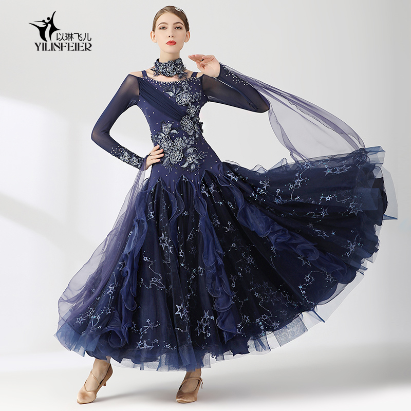 梵高的星空!绣花摩登舞裙S7048国标舞服装连衣裙镶钻华尔兹演出服,淘宝优惠券,粉丝福利购,淘宝优惠卷