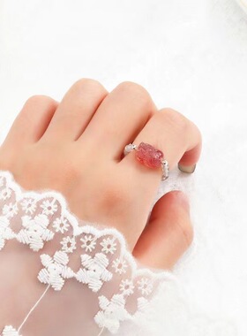 天然草莓晶貔貅猫头戒指弹性可调节时尚饰品批发银丝贝黑碟贝猫头