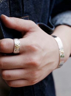 手工银饰K18金内外唐草9mm宽戒指